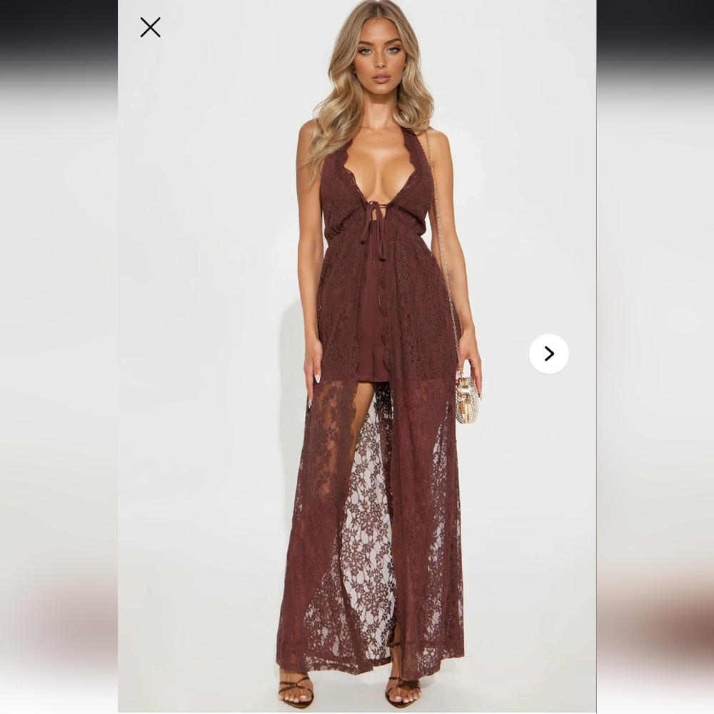 Fashion Nova Brown Lace Plunge Romper Jumpsuit
